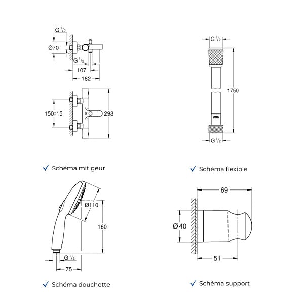 GROHE - Mitigeur baignoire thermostatique Precision Get avec colonnettes Idro'Flex + Douchette 2 jets Start + Flexible + Support - large