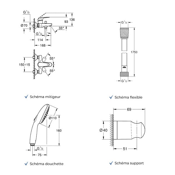 GROHE - Mitigeur baignoire mécanique Swift avec colonnettes Idro'Flex + Douchette 2 jets Start + Flexible + Support - large