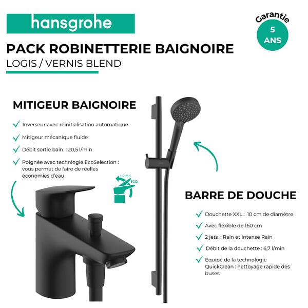 HANSGROHE - Pack mitigeur baignoire mécanique Logis C2 + Ensemble pommeau Vernis Blend EcoSmart 2 jets avec barre noir mat - large