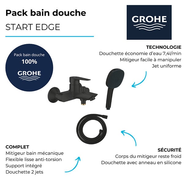 GROHE - Mitigeur bain douche mécanique Start Edge 2020 noir mat + Douchette 2 jets Vitalio Comfort 110 + Flexible - large