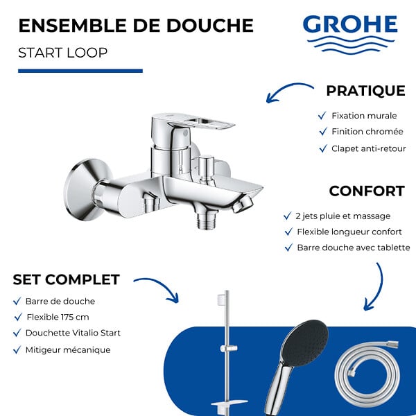 GROHE - Pack mitigeur BD mécanique Start Loop + Douchette Vitalio Start 110 + Barre Quickflix Vitalio Smartactive + Flexible - large