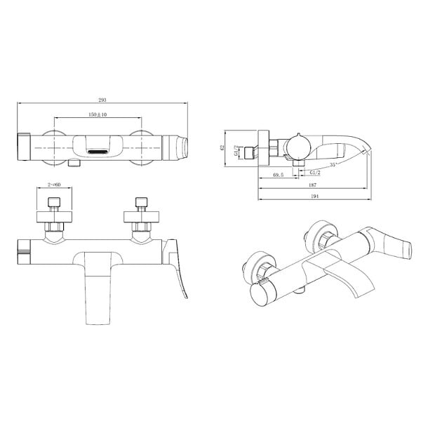 SWISS AQUA TECHNOLOGIES - Infinitio mitigeur de baignoire monocommande mural, entraxe 150 mm, sans ensemble de douche, noir mat (SATBSINF222C) - large