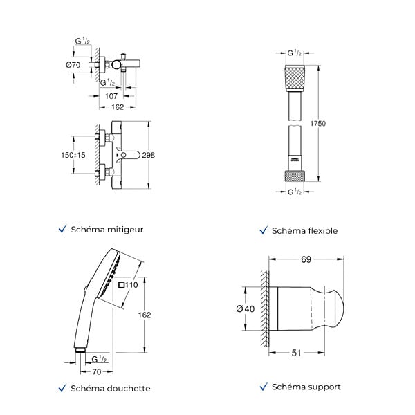 GROHE - Mitigeur baignoire thermostatique Precision Get avec colonnettes Idro'Flex + Douchette 2 jets Comfort + Flexible + Support - large