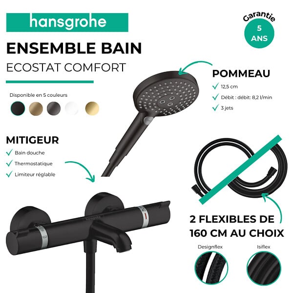 HANSGROHE - Pack mitigeur bain douche thermostatique Ecostat Comfort + Flexible Designflex + Pommeau Raindance Select 3jets noir mat - large