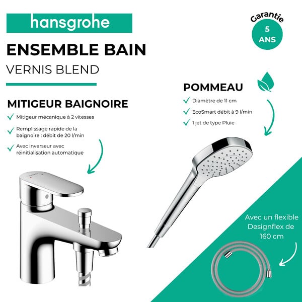 HANSGROHE - Pack mitigeur bain douche mécanique Vernis Blend C2 + Pommeau de douche Croma 110 + Flexible Designflex chromé - large