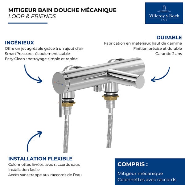 VILLEROY ET BOCH - Mitigeur bain douche mécanique  Loop & Friends Chrome - large