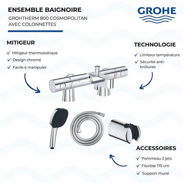 GROHE - Mitigeur baignoire thermostatique Grohtherm 800 Cosmopolitan 1/2 avec colonnettes Idro'Flex + Douchette 2 jets Comfort + Flexible + Support - large