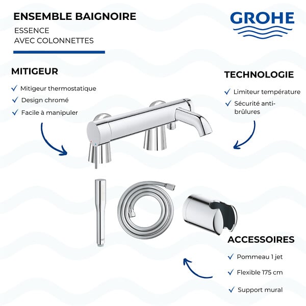 GROHE - Mitigeur baignoire mécanique Essence avec colonnettes Idro'Flex + Douchette 1 jet + Flexible + Support - large