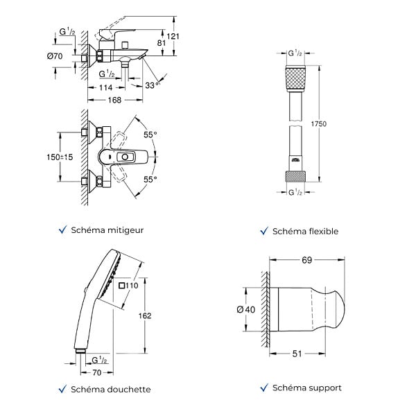 GROHE - Mitigeur baignoire mécanique Start Loop avec colonnettes Idro'Flex + Douchette 2 jets Comfort + Flexible + Support - large