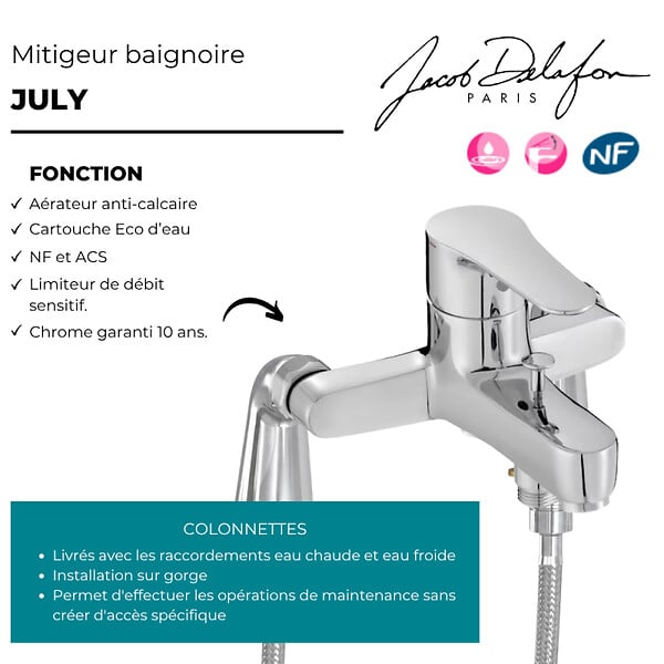 JACOB DELAFON - Mitigeur baignoire mécanique July avec colonnettes Idro'Flex - large