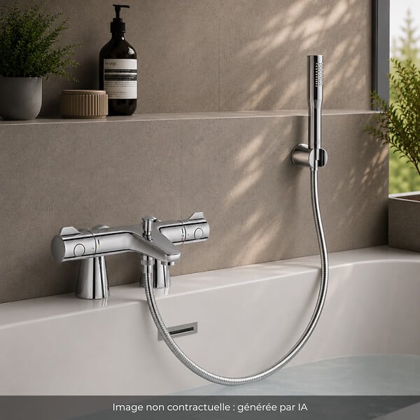 GROHE - Mitigeur baignoire thermostatique Grohtherm 800 avec colonnettes Idro'Flex + Douchette 1 jet + Flexible + Support - large