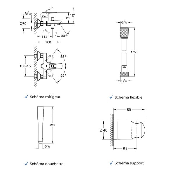GROHE - Mitigeur baignoire mécanique Start Loop avec colonnettes Idro'Flex + Douchette 1 jet + Flexible + Support - large