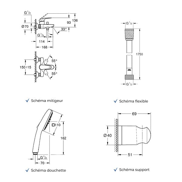 GROHE - Mitigeur baignoire mécanique Swift avec colonnettes Idro'Flex + Douchette 2 jets Comfort + Flexible + Support - large