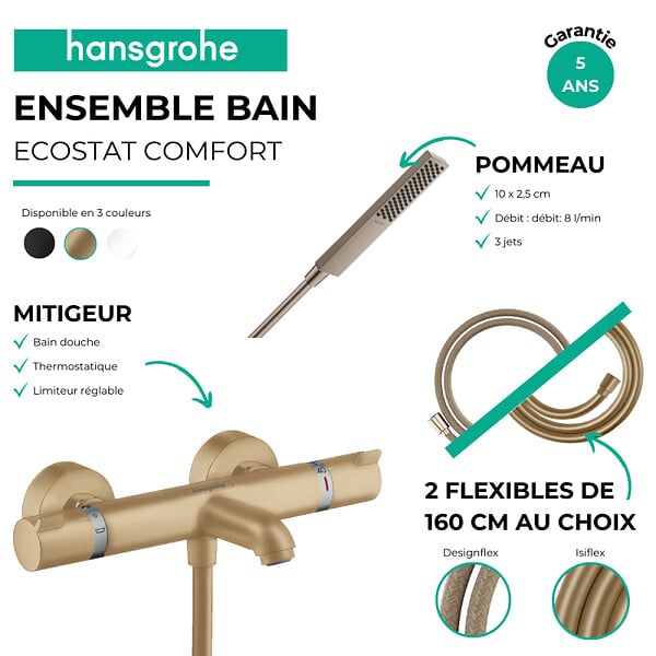 HANSGROHE - Pack mitigeur bain douche thermostatique Ecostat Comfort + Flexible Designflex + Pommeau Pulsify E bronze brossé - large