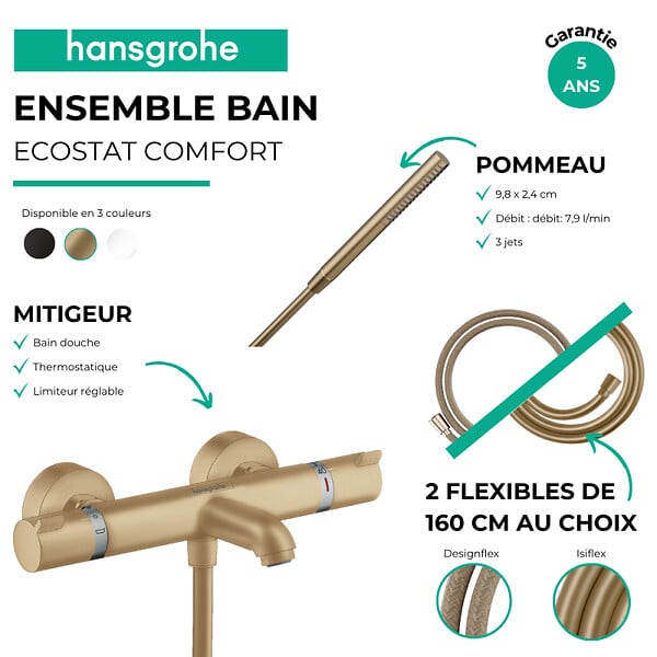 HANSGROHE - Pack mitigeur bain douche thermostatique Ecostat Comfort  + Flexible Isiflex + Pommeau Pulsify S bronze brossé - large