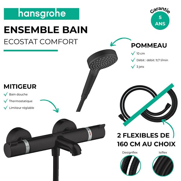 HANSGROHE - Pack mitigeur bain douche thermostatique Ecostat Comfort  + Flexible Isiflex + Pommeau Vernis Blend Vario noir mat - large