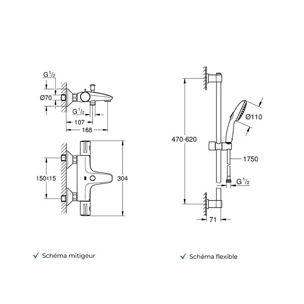 GROHE - Mitigeur baignoire thermostatique Grohtherm 800 avec colonnettes Idro'Flex + Ensemble douche Vitalio Start - large