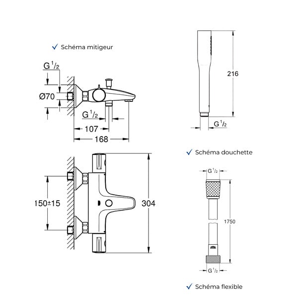 GROHE - Mitigeur baignoire thermostatique Grohtherm 800 avec colonnettes Idro'Flex + Douchette 1 jet + Flexible - large