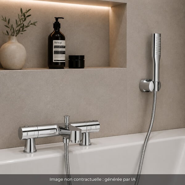 GROHE - Mitigeur baignoire thermostatique Precision Get avec colonnettes Idro'Flex + Douchette 1 jet + Flexible + Support - large