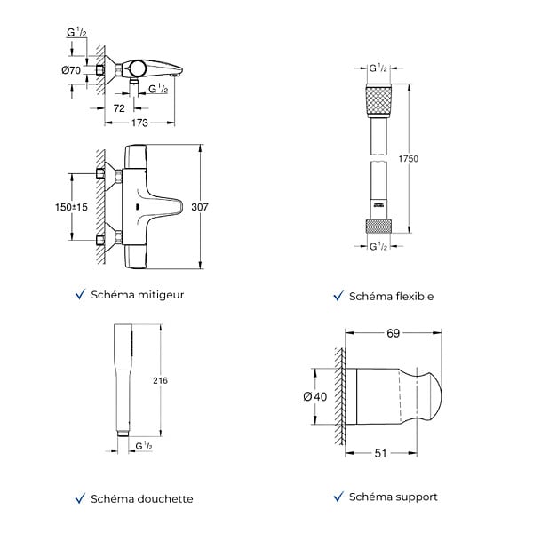 GROHE - Mitigeur baignoire thermostatique Precision Trend avec colonnettes Idro'Flex + Douchette 1 jet + Flexible + Support - large