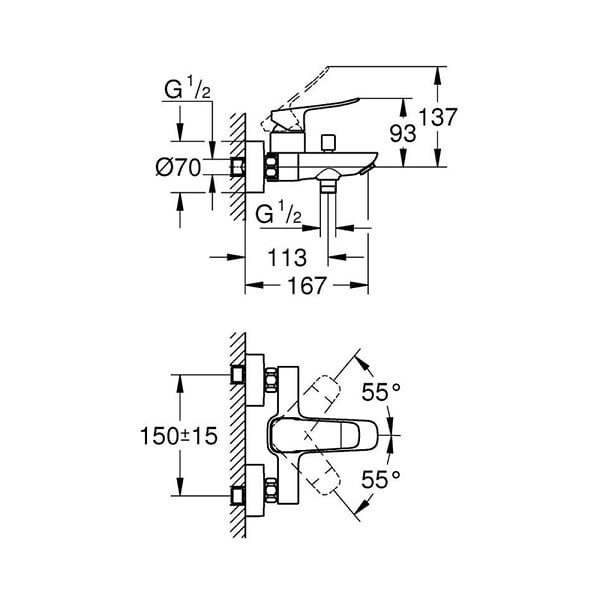 GROHE - Dice mitigeur monocommande bain/douche mural à levier 150 mm, sans ensemble de douche, chrome brillant (1018720000) - large