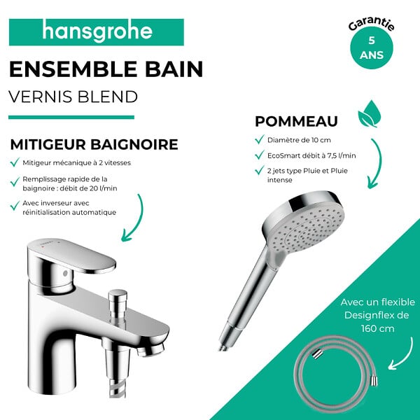 HANSGROHE - Pack mitigeur bain douche mécanique Vernis Blend C2 + Pommeau de douche Vernis Blend + Flexible Designflex chromé - large