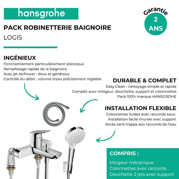 HANSGROHE - Mitigeur bain mécanique Logis + Pommeau de douche Crometta avec flexible et support - large