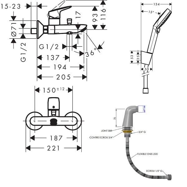 HANSGROHE - Mitigeur bain mécanique Logis + Pommeau de douche Crometta avec flexible et support - large