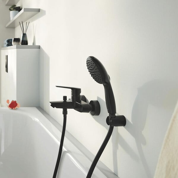 GROHE - Mitigeur bain douche mécanique Start 2021 noir mat + Douchette 2 jets Vitalio Start 110 avec flexible et support - large