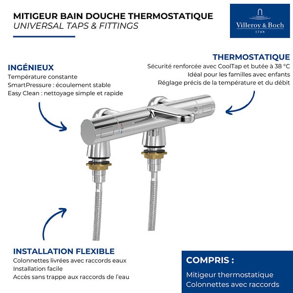 VILLEROY ET BOCH - Mitigeur bain douche thermostatique  Universal rond Chrome - large