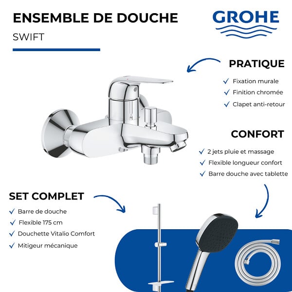 GROHE - Pack mitigeur BD mécanique Swift + Douchette Vitalio Comfort 110 + Barre Quickflix Vitalio Smartactive + Flexible - large