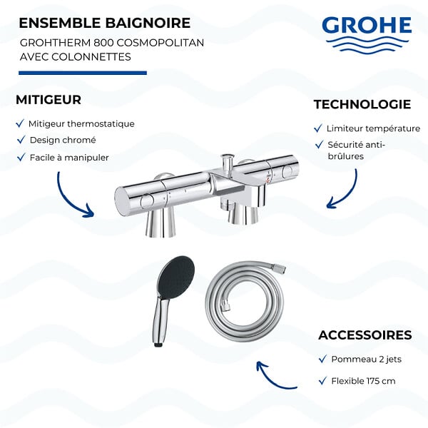 GROHE - Mitigeur baignoire thermostatique Grohtherm 800 Cosmopolitan 1/2 avec colonnettes Idro'Flex + Douchette 2 jets Start + Flexible - large