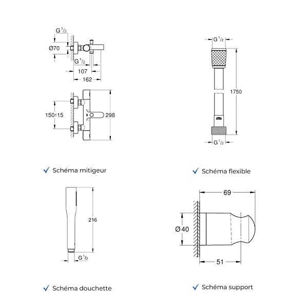 GROHE - Mitigeur baignoire thermostatique Grohtherm 800 Cosmopolitan 1/2 avec colonnettes Idro'Flex + Douchette 1 jet + Flexible + Support - large