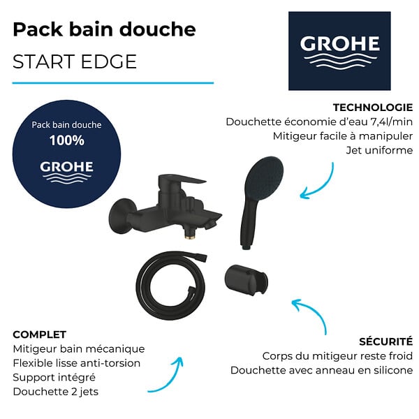GROHE - Mitigeur bain douche mécanique Start Edge 2020 noir mat + Douchette 2 jets Vitalio Start 110 avec flexible et support - large