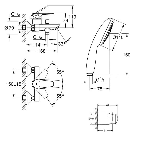GROHE - Mitigeur bain douche mécanique Start Edge 2020 noir mat + Douchette 2 jets Vitalio Start 110 avec flexible et support - large