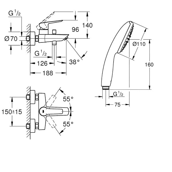 GROHE - Mitigeur bain douche mécanique Start 2021 noir mat + Douchette 2 jets Vitalio Start 110 + Flexible - large