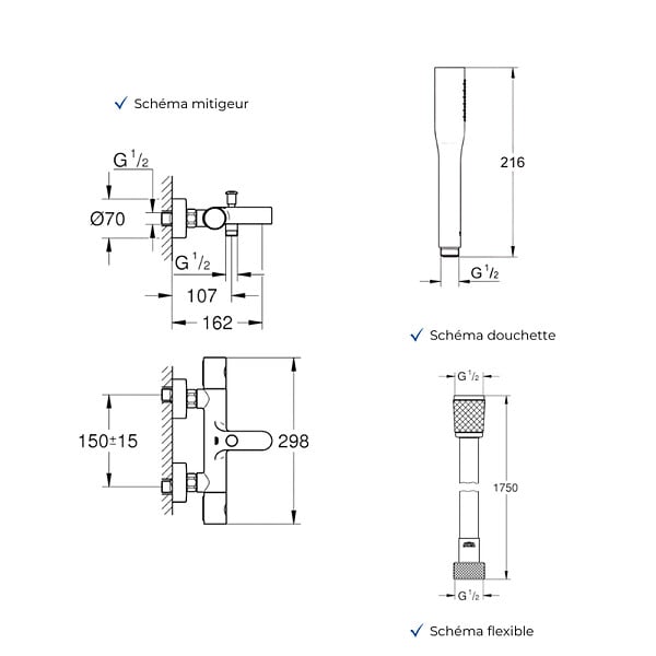 GROHE - Mitigeur baignoire thermostatique Precision Get avec colonnettes Idro'Flex + Douchette 1 jet + Flexible - large