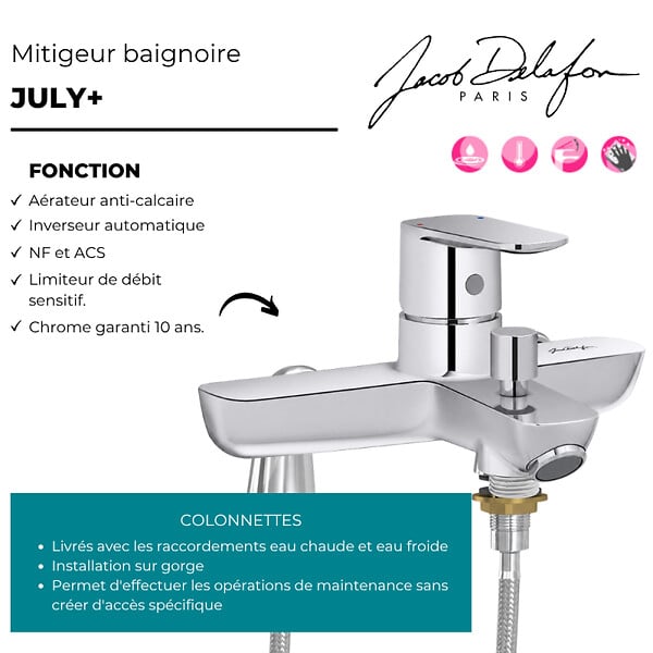 JACOB DELAFON - Mitigeur baignoire July+ avec colonnettes Idro'Flex - large