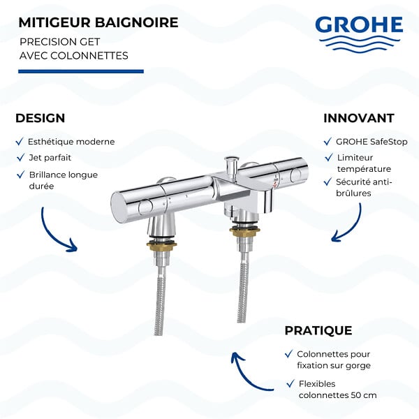 GROHE - Mitigeur baignoire thermostatique Precision Get avec colonnettes Idro'Flex - large