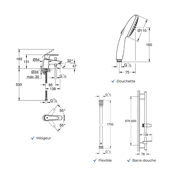 GROHE - Pack mitigeur BD mécanique Quickfix Start + Douchette Vitalio Start 110 + Barre Quickfix Vitalio Smartactive + Flexible - large