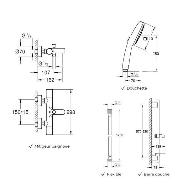 GROHE - Pack mitigeur BD thermostatique Grohtherm 800 Cosmopolitan + Douchette Vitalio Comfort + Barre + Flexible - large