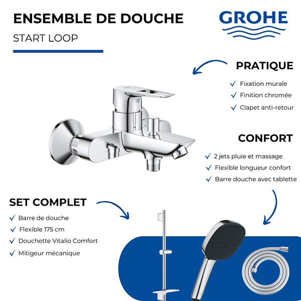 GROHE - Pack mitigeur BD mécanique Start Loop + Douchette Vitalio Comfort 110 + Barre Quickflix Vitalio Smartactive + Flexible - large