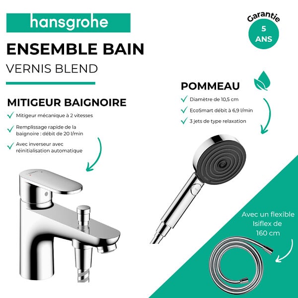 HANSGROHE - Pack mitigeur bain douche mécanique Vernis Blend C2 + Pommeau de douche Pulsify Select 105 + Flexible Isiflex chromé - large