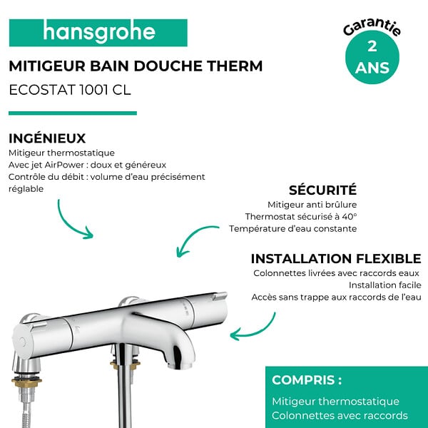 HANSGROHE - Mitigeur baignoire thermostatique Ecostat 1001 CL chromé - large