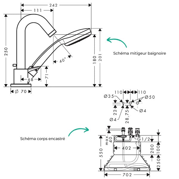 HANSGROHE - Mitigeur baignoire 3 trous Logis chromé + corps encastré avec Secuflexbox - large