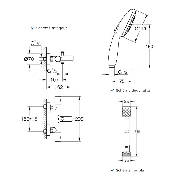 GROHE - Mitigeur baignoire thermostatique Precision Get avec colonnettes Idro'Flex + Douchette 2 jets Start + Flexible - large