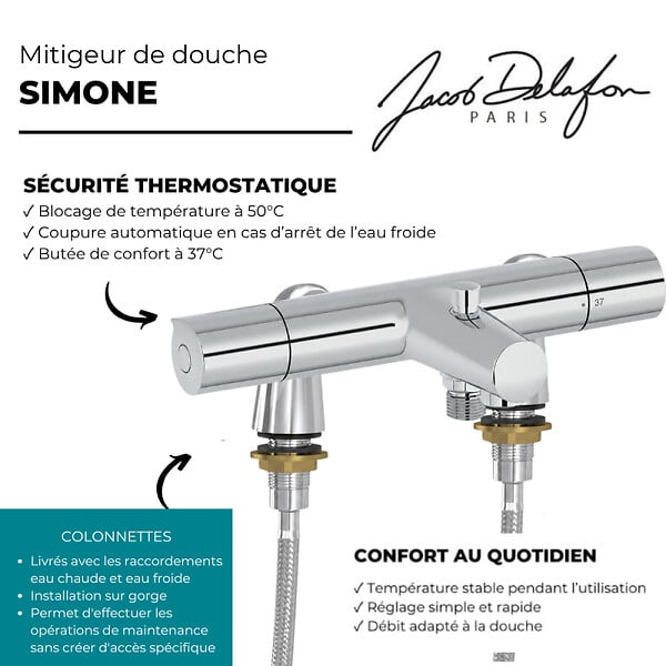 JACOB DELAFON - Mitigeur baignoire thermostatique Simone avec colonnettes Idro'Flex - large