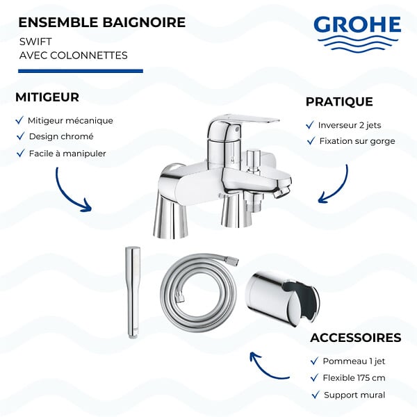 GROHE - Mitigeur baignoire mécanique Swift avec colonnettes Idro'Flex + Douchette 1 jet + Flexible + Support - large