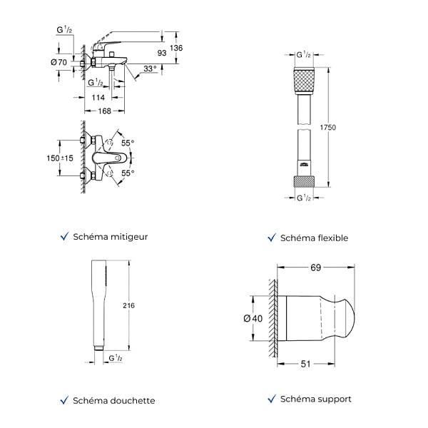 GROHE - Mitigeur baignoire mécanique Swift avec colonnettes Idro'Flex + Douchette 1 jet + Flexible + Support - large