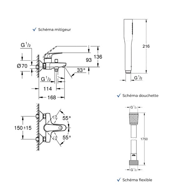 GROHE - Mitigeur baignoire mécanique Swift avec colonnettes Idro'Flex + Douchette 1 jet + Flexible - large